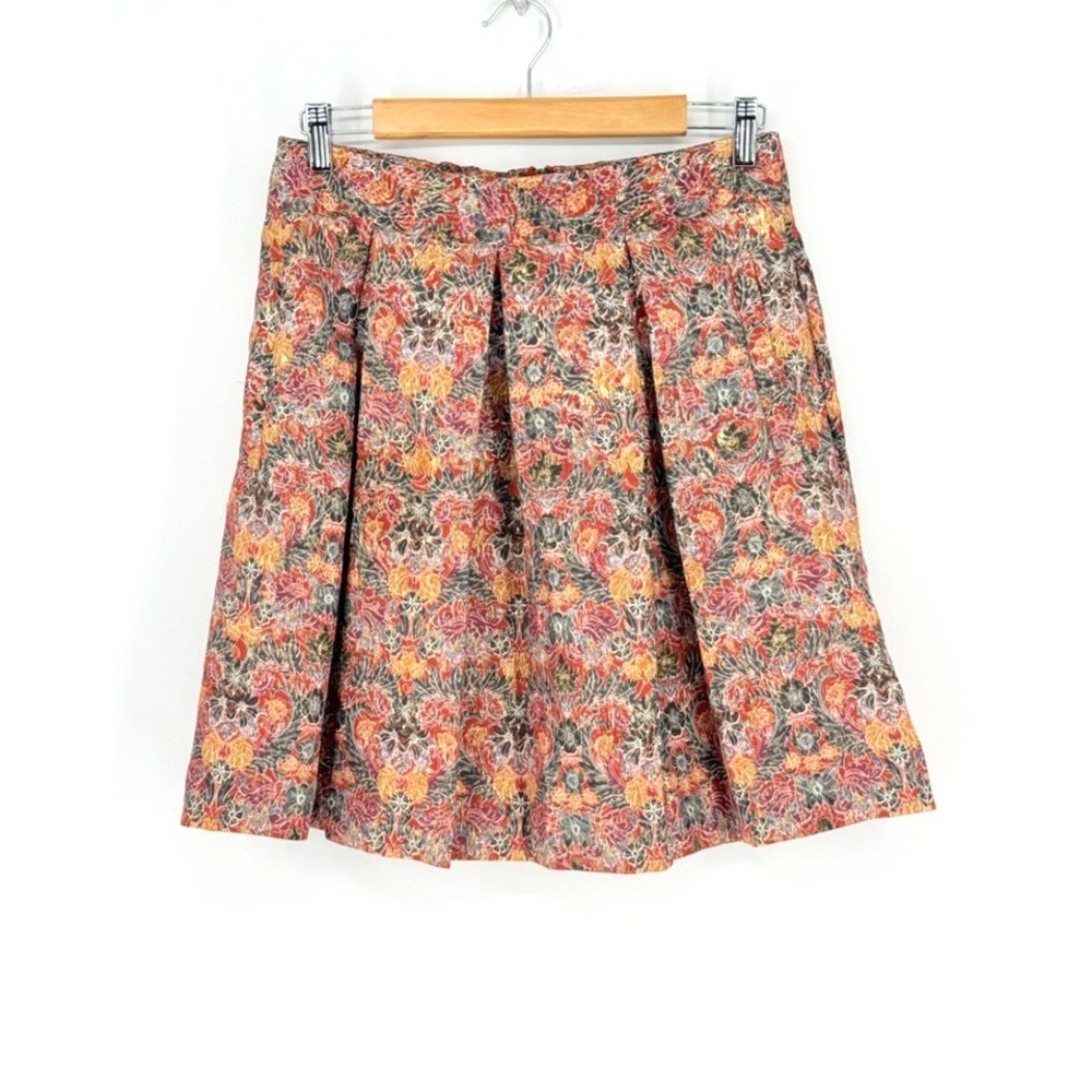 Maeve Anthropologie Floral Metallic Box Pleated Skirt Academia Holiday Size M